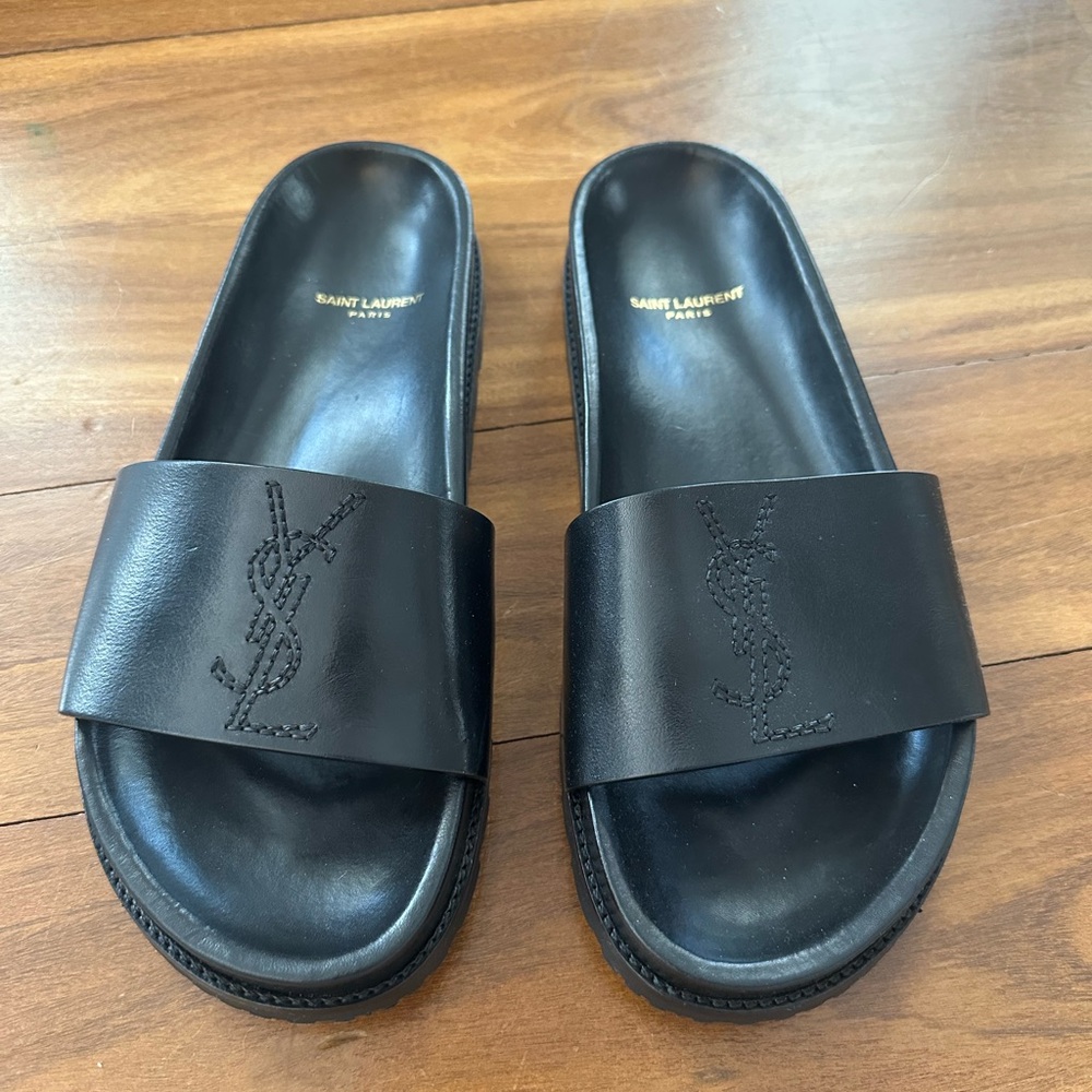 Saint Laurent Black Logo Embellished Slides